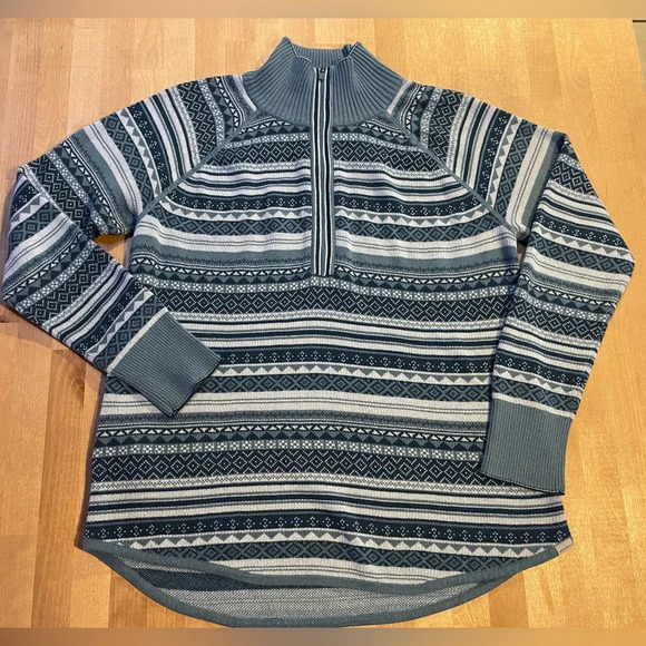 Eddie Bauer Women’s Engage 1/4 Zip Sweater Medium EUC Fair Isle Blue Pullover - Picture 6 of 16